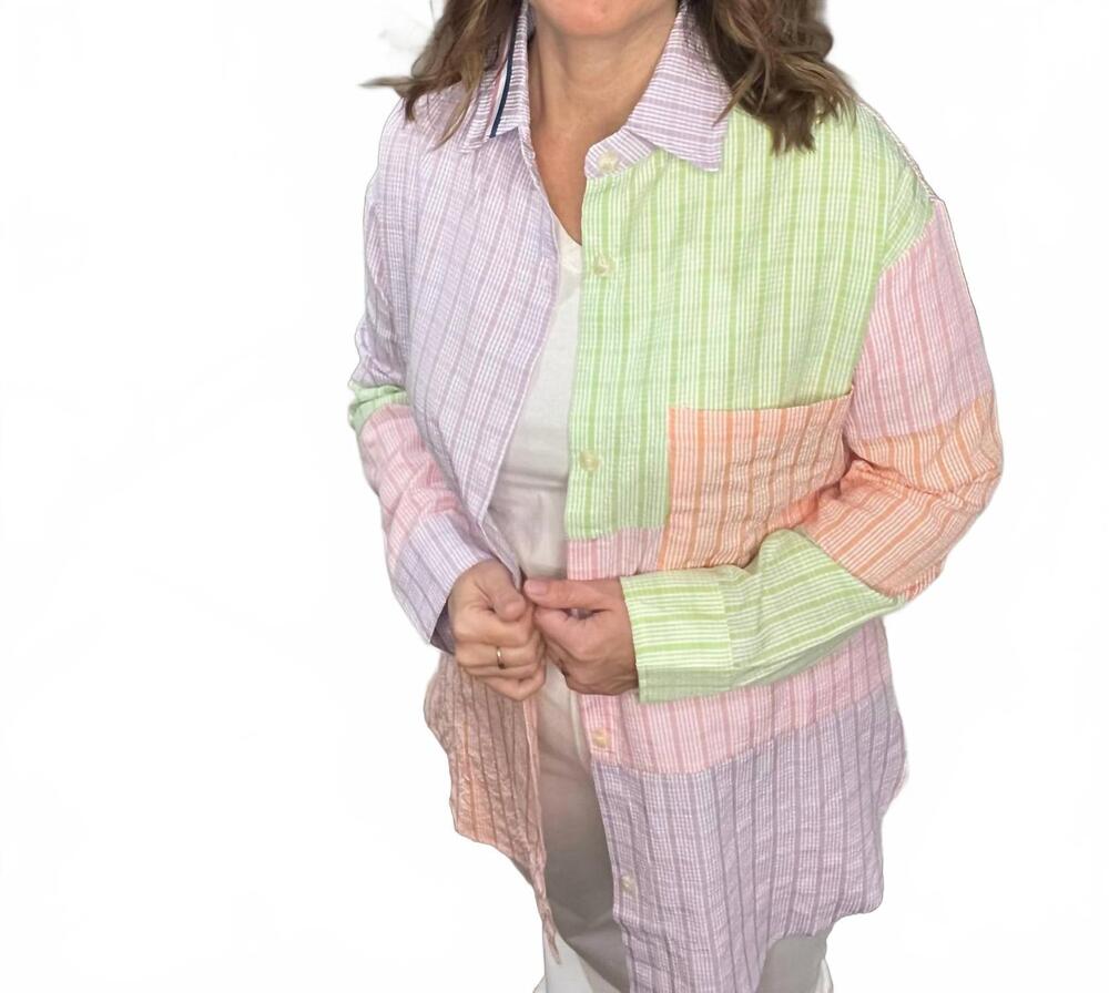 NEW DAVI & DANI multi color plaid color block button front shirt in lavender sag